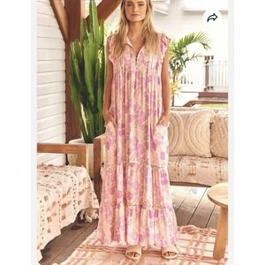 NWT‎ Jaase Evolet Print Tilda Tiered Maxi Dress Tie Neck Flutter Sleeve Size XL
